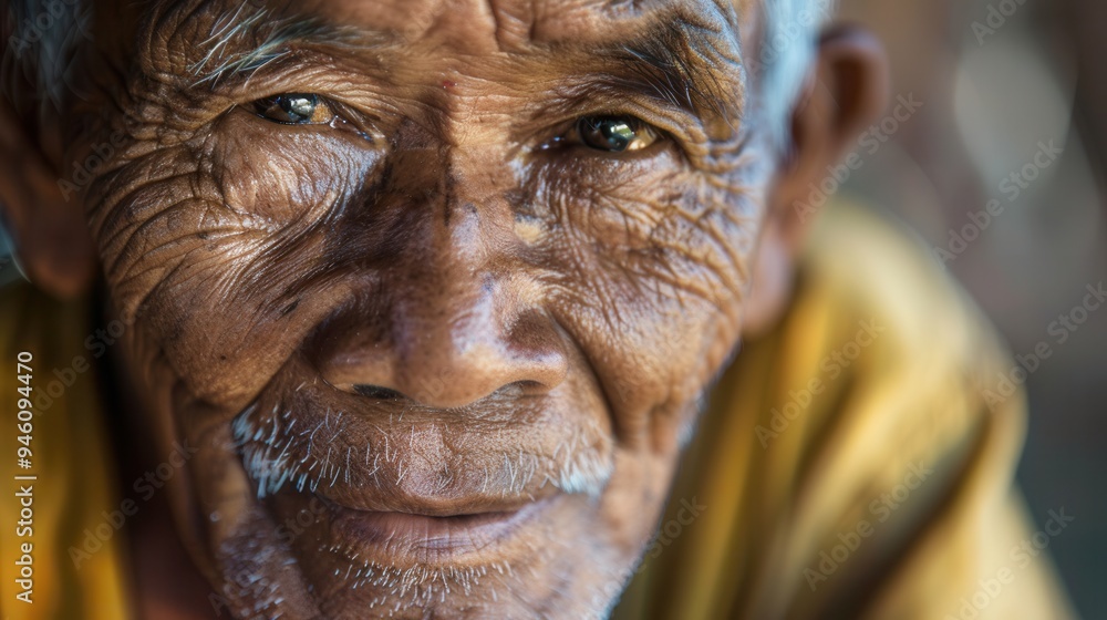 Poster elderly men from various ethnic backgrounds express wisdom and tranquility, reflecting their life ex