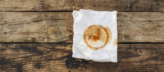 A white cotton napkin featuring a circular light brown coffee stain placed on a wooden surface is a soiled napkin. Copy space image. Place for adding text and design