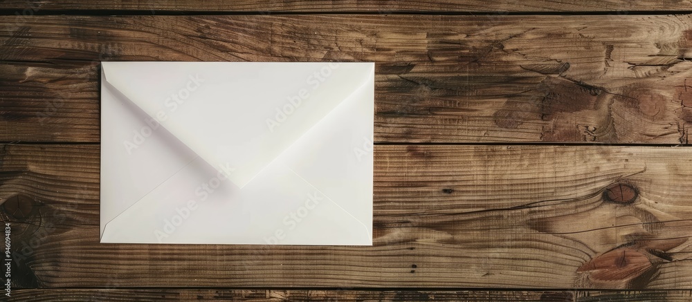 Poster horizontal overhead image of blank paper and an envelope on a wooden table mockup. copy space image.