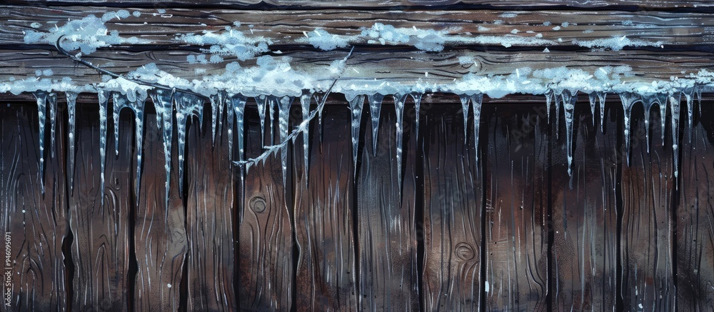 Poster a cluster of icicles on a wooden roof. Copy space image. Place for adding text and design