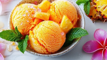   A bowl brimming with vibrant orange ice cream sits alongside a delicate pink blossom and a sweet pineapple for a delightful treat