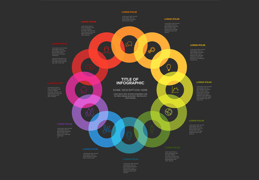 Multipurpose dark infographic template with twelve icons in circles