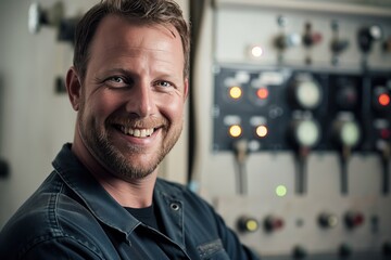 Confident electrician stands in industrial setting with electrical panel. Man in blue jacket and black pants looks at camera with hands on hips. Technical background suggests expertise.