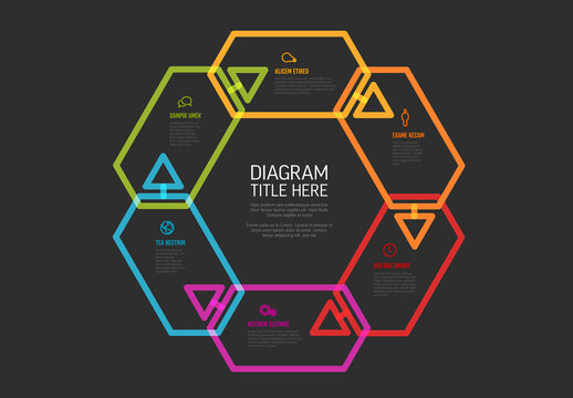 Thick line dark cycle infographic template made from six color hexagons with arrows