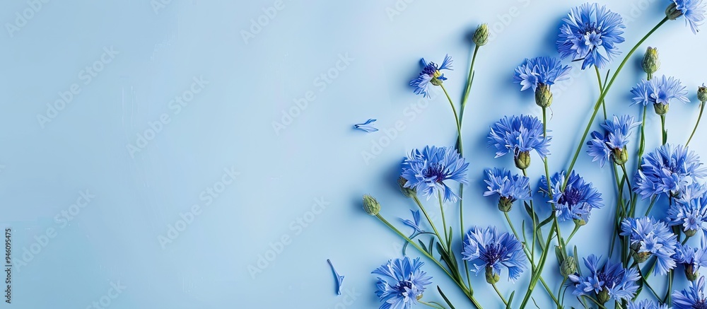 Canvas Prints A stunning bouquet of cornflowers against a light blue background viewed from above Copyspace available