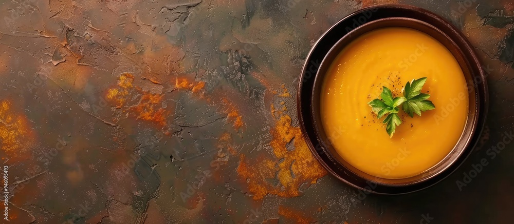 Poster pumpkin cream soup served as the first course viewed from above with copy space for text food backgr