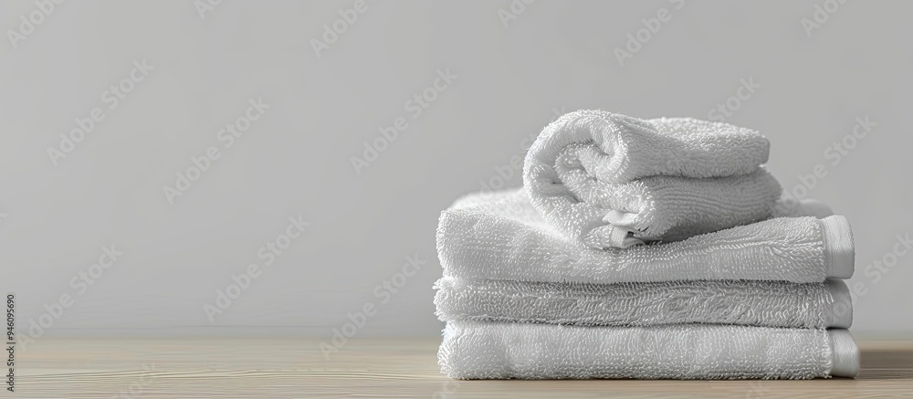Poster a pile of clean towels on a table. copy space image. place for adding text and design