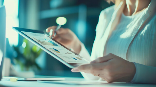 A young businessman, dressed in an elegant suit, uses an iPad to gather information about the business market. Information, charts, and data about the flow of the cyberspace world.
