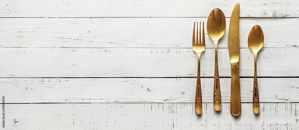 Poster elegant table setting featuring golden cutlery on a white wooden surface. copy space image. place fo