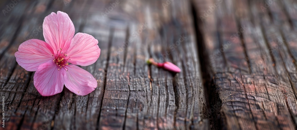 Poster single pink flower on a wooden background. copy space image. place for adding text and design