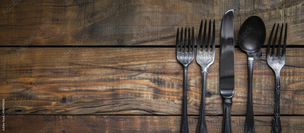 Poster silver fork set against a wooden background. copy space image. place for adding text and design
