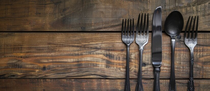 Silver fork set against a wooden background. Copy space image. Place for adding text and design - Powered by Adobe