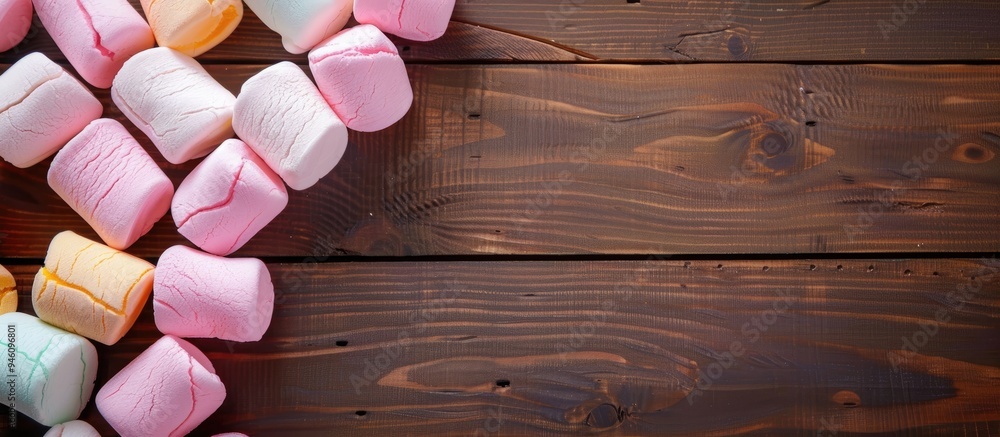 Poster colored sweet dessert marshmallows on a wooden background airy marshmallows confectionery background