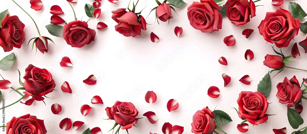 Poster on a white background there are lovely red roses and a frame there is space for text copyspace