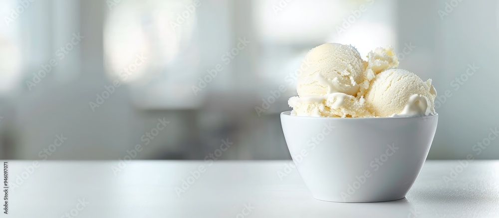 Poster vanilla ice cream in a cup prepared on a white table. copy space image. place for adding text and de