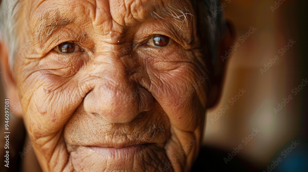 Poster An elderly man from various ethnic groups appears thoughtful and serene, showcasing a depth of experience and wisdom in his gentle expression. Generative AI