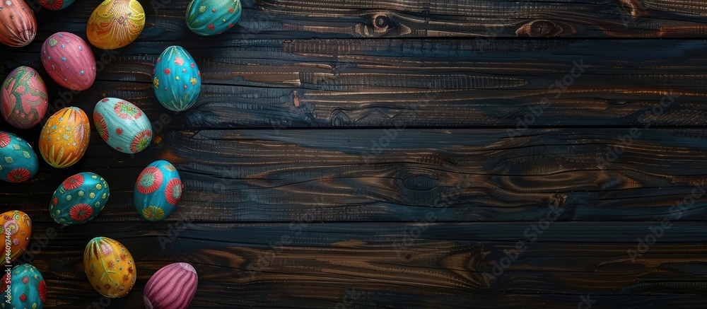 Poster colored easter eggs on dark wooden surfaces from above. copy space image. place for adding text and 