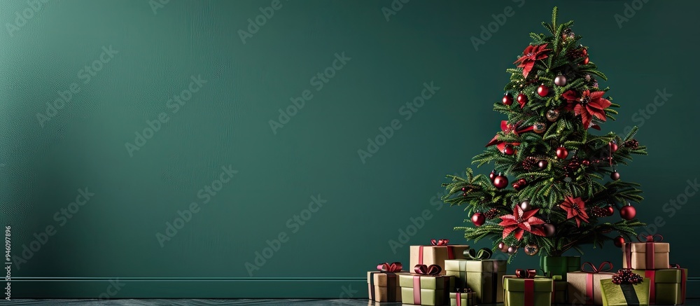 Sticker Lovely Christmas tree and gift boxes beside a green wall. Copy space image. Place for adding text and design