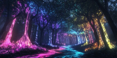 Obraz premium A glowing, neon river flows through a forest.