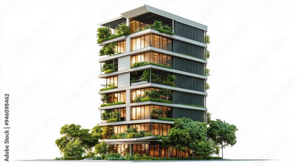 Poster modern building design with greenery and large windows for natural light.