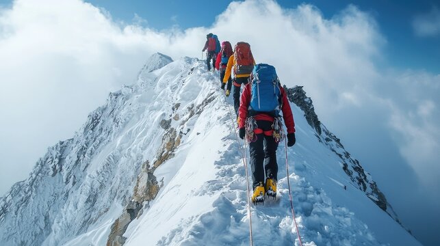 A group of mountaineers ascending a snowy peak, roped together for safety.