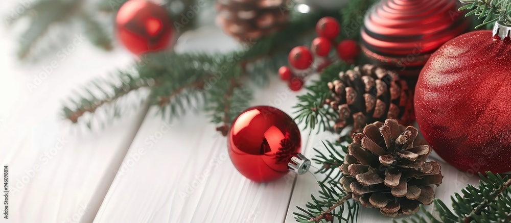 Aufkleber red christmas ornaments pine and cypress cones along with twigs on a white wooden table. copy space 