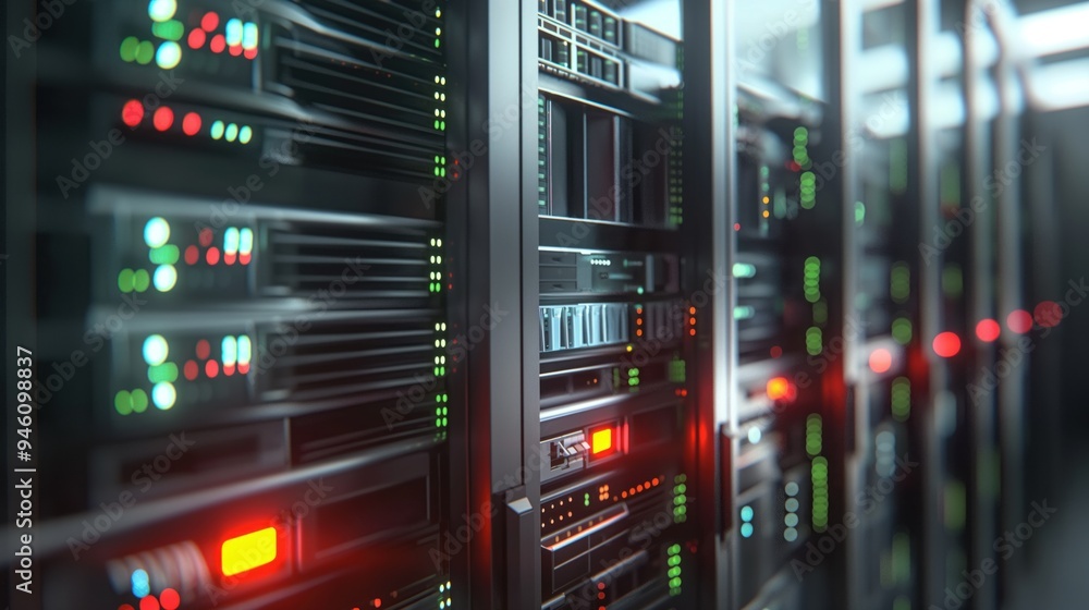 Poster Close-up of server equipment in data center with flickering light indicators. Server rack, computer hardware, digital storage, network connection, cybersecurity, database management.