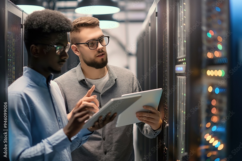 Aufkleber group of young professionals in glasses stand around server cabinet in data center. they use tablet 