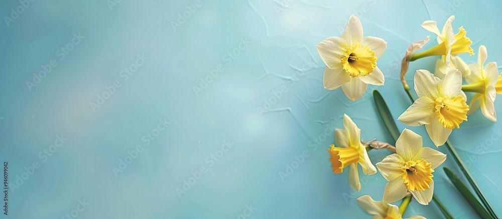 Poster banner featuring yellow narcissus flowers on a blue pastel background with space for text. copy spac
