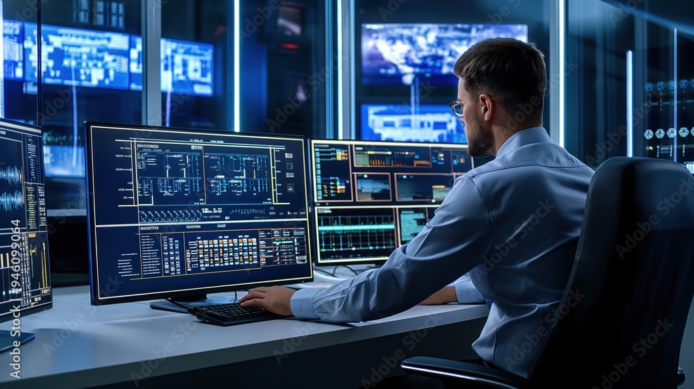 Leinwandbilder male it specialist works alone in control center surrounded by multiple computer screens displaying 