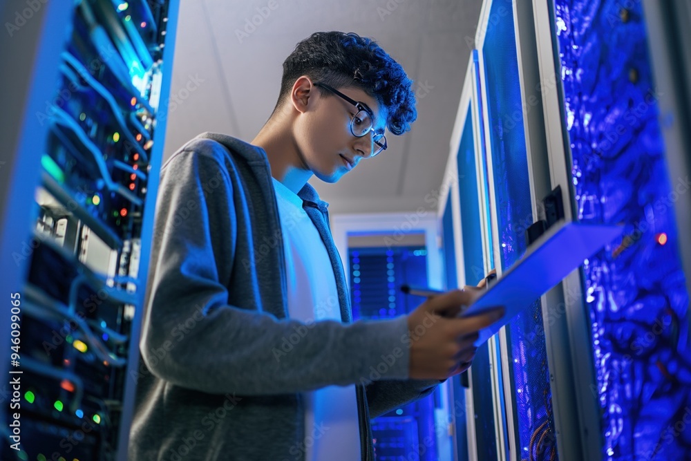 Aufkleber young engineer working with digital tablet near supercomputer in server room under blue light. he st