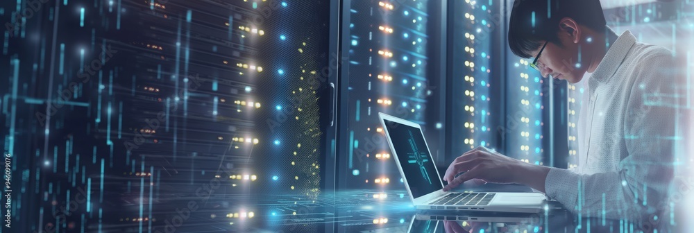 Poster Male computer engineer focuses on laptop screen with complex code lines in server room background. Data center and big data storage racks visible behind him.