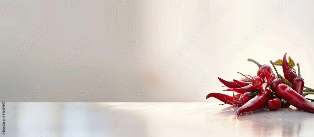 Poster a bunch of red chillies on a white table with room for text. copy space image. place for adding text