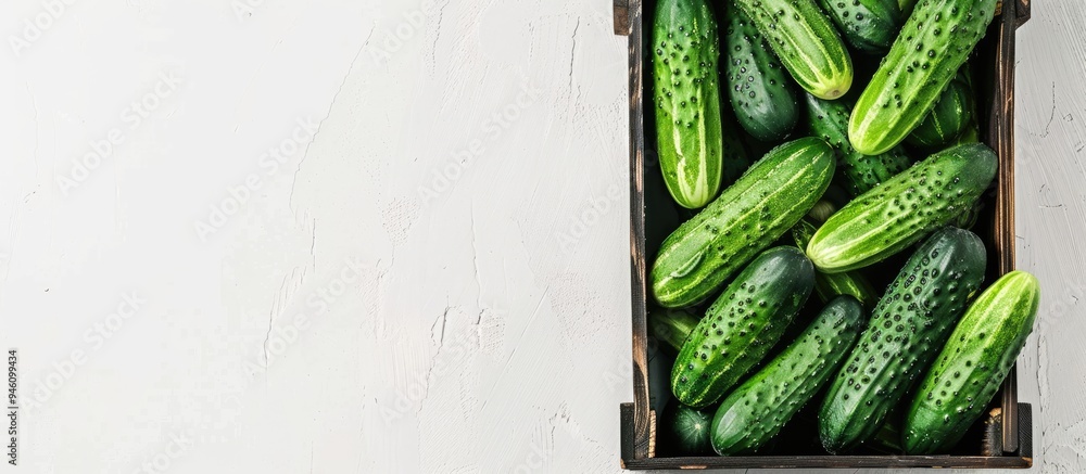 Poster fresh cucumbers in a wooden box set against a white background top view copy space
