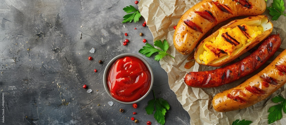 Canvas Prints Tasty baked potato accompanied by thin dry smoked sausages on a gray table top view Copyspace available