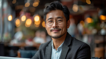 Obraz premium A man wearing glasses and a suit is smiling at the camera. He is sitting at a table in a restaurant
