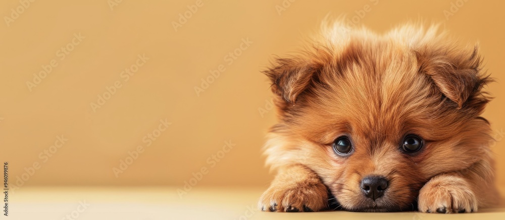 Poster adorable fluffy brown puppy. copy space image. place for adding text and design
