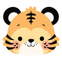 Cute tiger face, a simple flat illustration style with bright colors and a white background