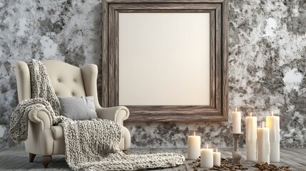 Cozy and inviting vintage farmhouse style living room with a plush wingback chair knitted blanket and warm candle lighting creating a chiaroscuro atmosphere