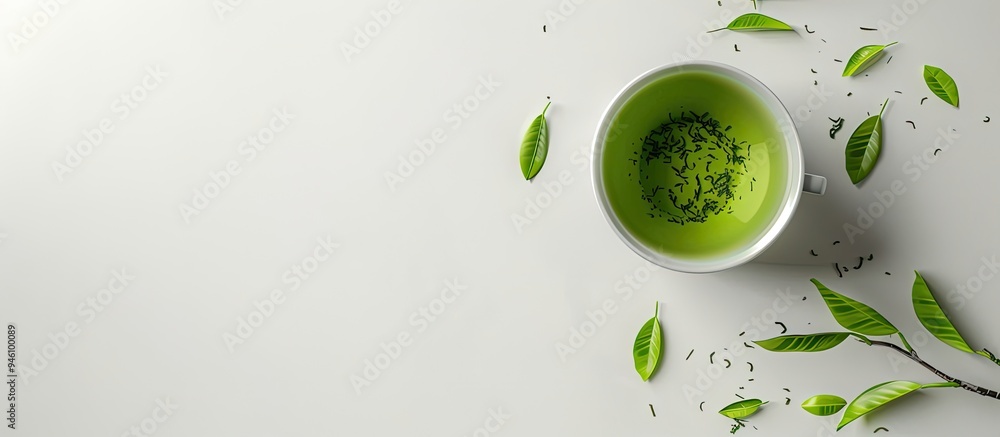 Sticker Green tea placed on a white background. Copy space image. Place for adding text and design