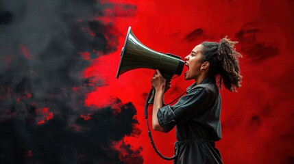 Young woman holds megaphone against red and black background. She is determined to amplify her message of change. Powerful voice leads to loud protest.