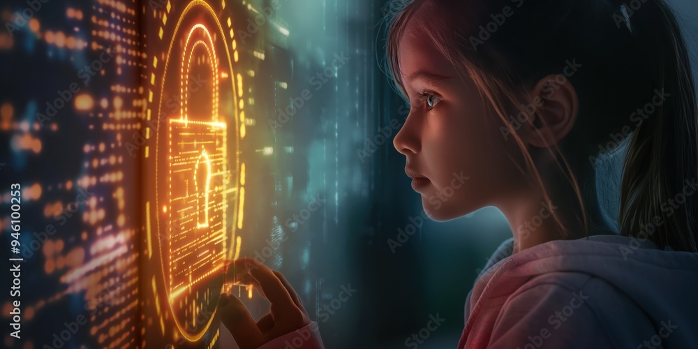 Poster young girl gazing at glowing digital lock screen on futuristic computer. neon lights illuminate virt