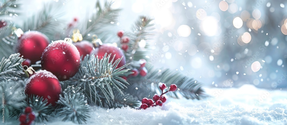 Poster beautiful christmas decorations set against a snowy background. copy space image. place for adding t
