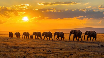 Fototapeta premium A herd of wild elephants walking across the savannah at sunset.