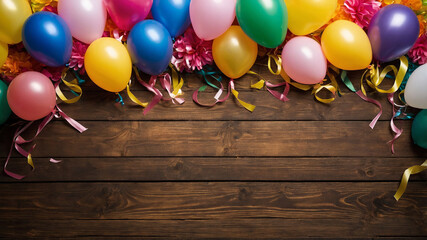 Colorful balloons and ribbons decor with wooden background, festive celebration theme on wooden...