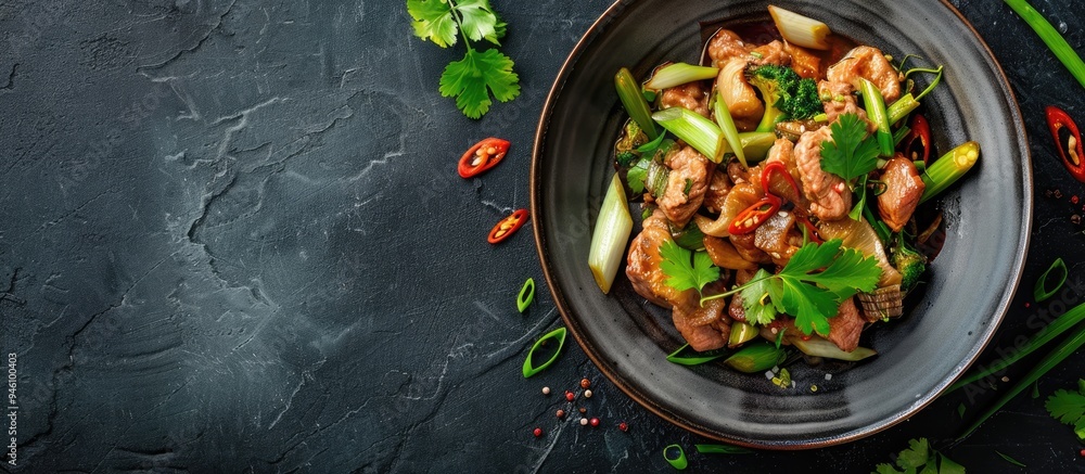 Aufkleber stir fried pork with leeks in chinese cuisine. copy space image. place for adding text and design