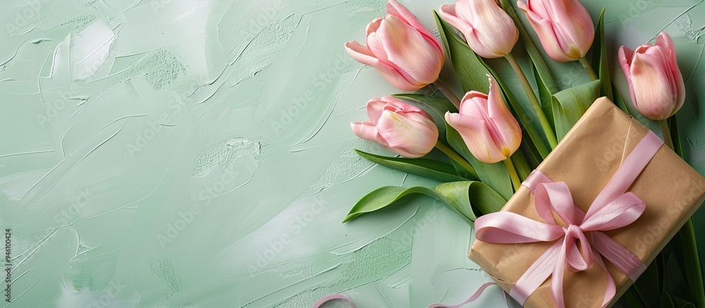 Poster flat lay valentine s day arrangement featuring pink tulips and a gift box on a light green backdrop.