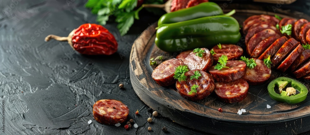 Poster sliced green peppers with smoked sausage. copy space image. place for adding text and design