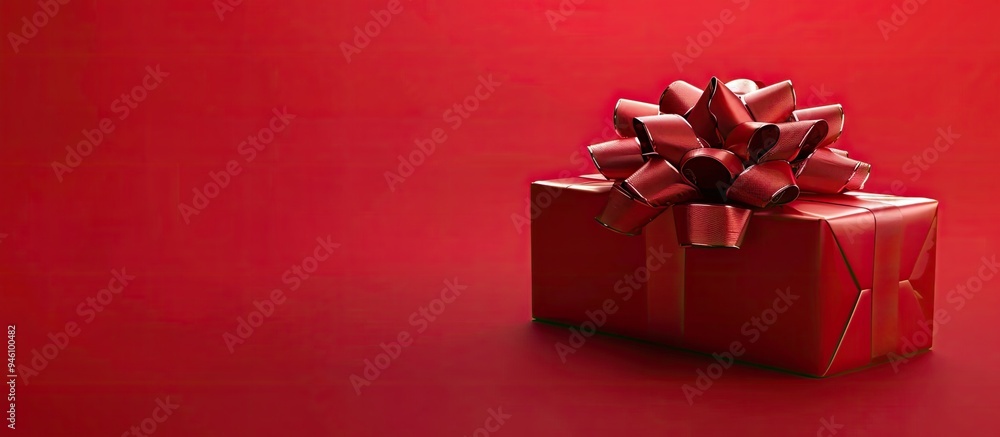 Poster gift with red bow on red backdrop free space for your text. copy space image. place for adding text 