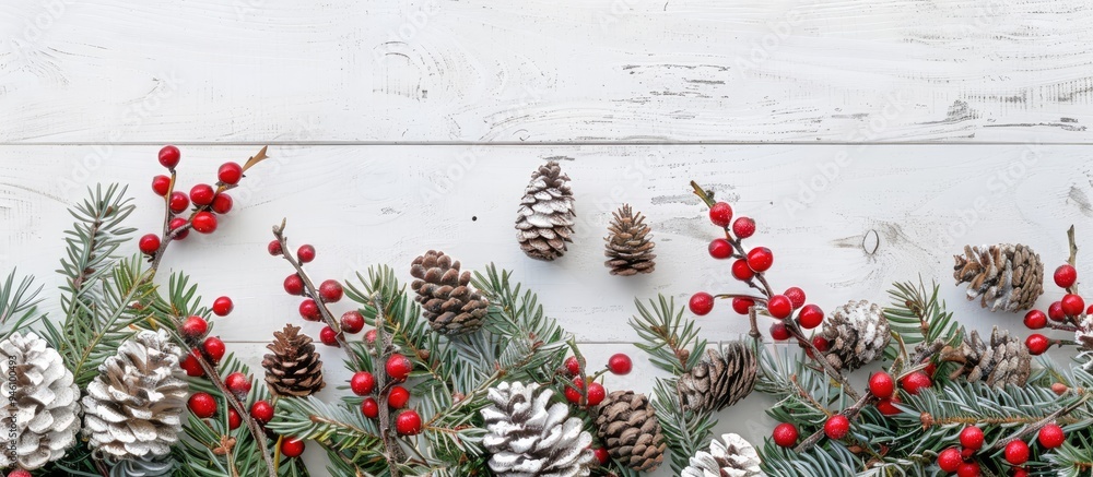 Poster spruce branches cones and red berries set against a white wooden backdrop a background for christmas